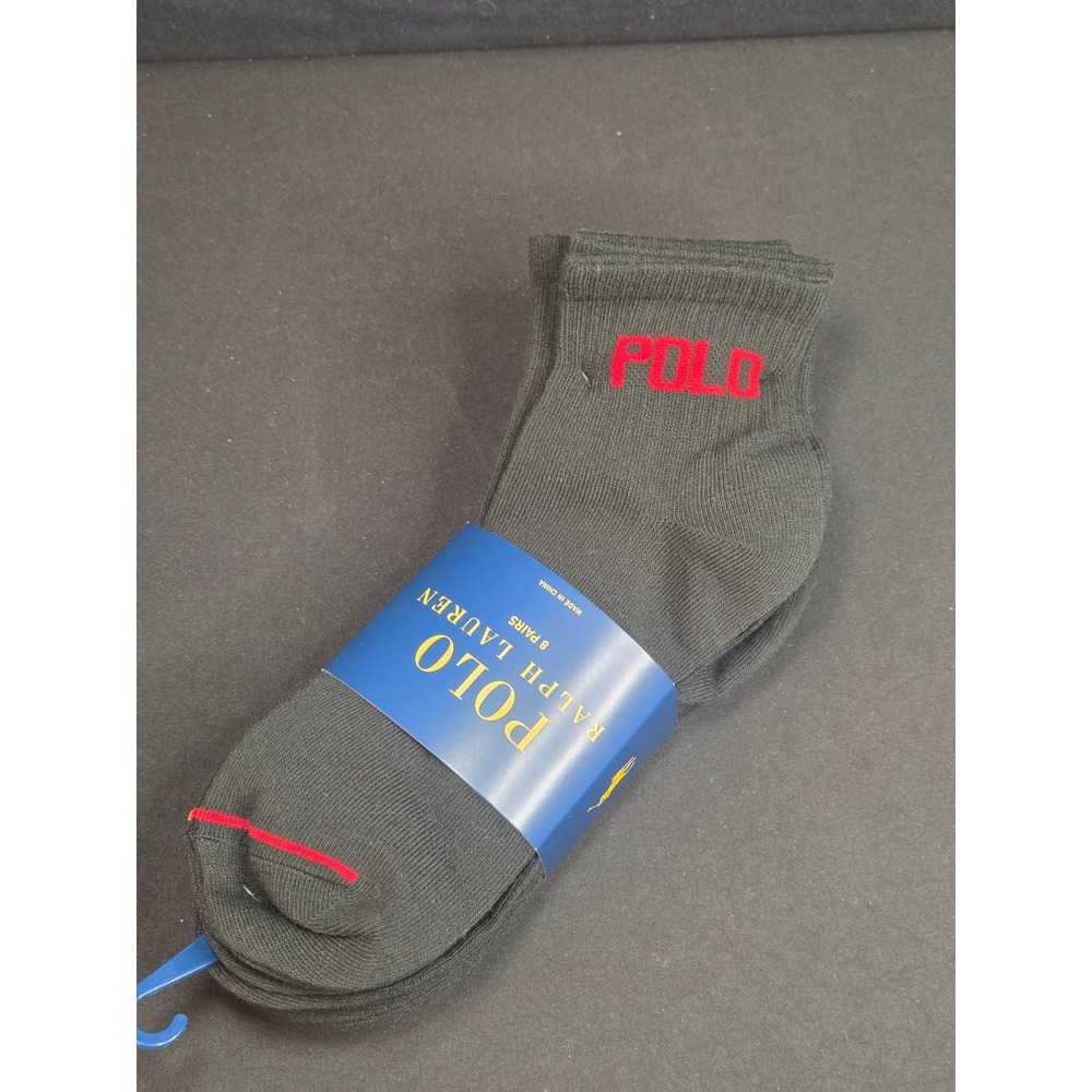 Polo Ralph Lauren Mens 8 Pair Ankle Socks Black Red Logo ZP824511PKN8 Size 10-13